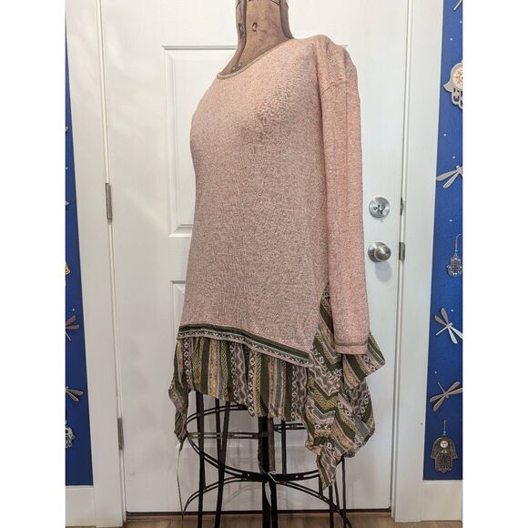 Oddy Boho Tribal Shark Bite Hem Tunic Top Long Sleeve Women's Medium Pink Green - Picture 3 of 14